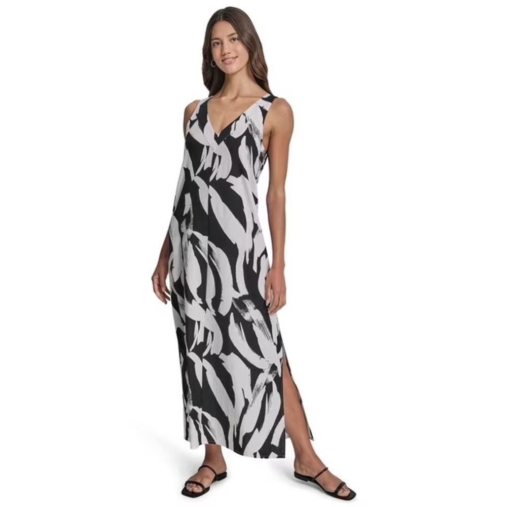 NWT DKNY Womens Linen Maxi Dress XS Multi Sleeveless V-Neck Side Slit RC2